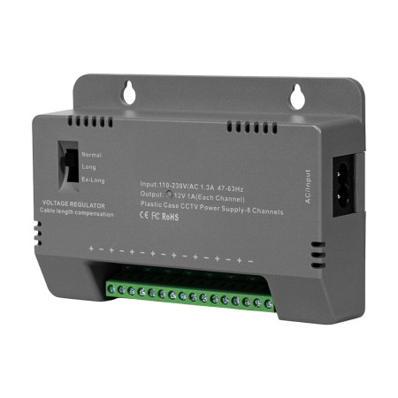 Блок живлення Kraft KRF-1208B (8CH) 96W, 8 каналів навантаження, 12V/1A на 1 канал, з регулятором напруги для компенсації довжини кабелю