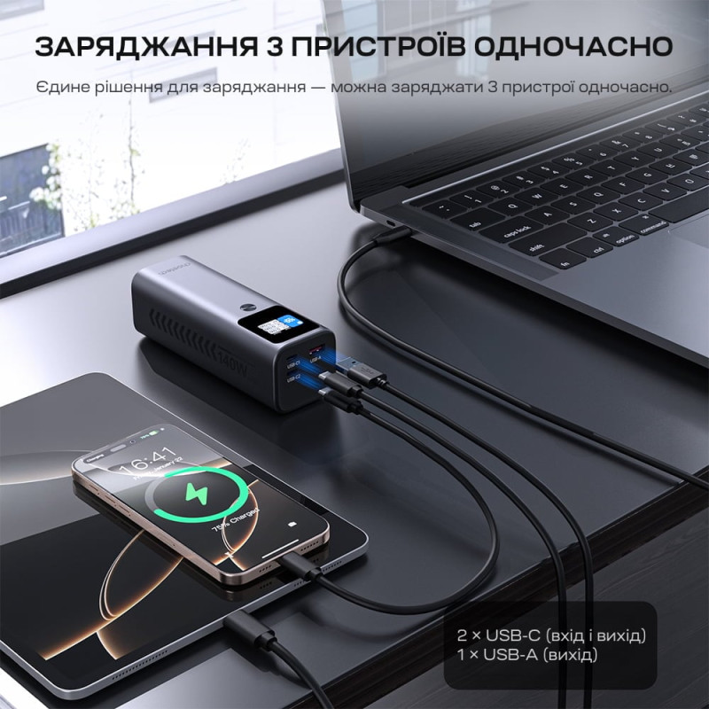 Повербанк 27000mAh Choetech B670 Grey 140W QC3.0 PD3.1 TFT Smart дисплей