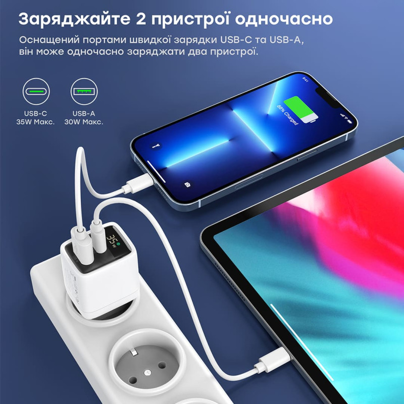 Мережевий зарядний пристрій Choetech PD6052 PD35W GAN A+C White