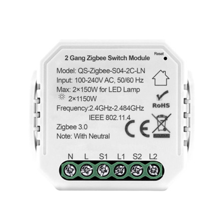 Розумне реле на 2 канали Akubela QS-Zigbee-S04-2C-LN