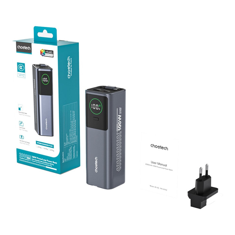 Повербанк 20000mAh Choetech B1012 Grey 100W з EU адаптером QC3.0 PD3.0, вбудований кабель