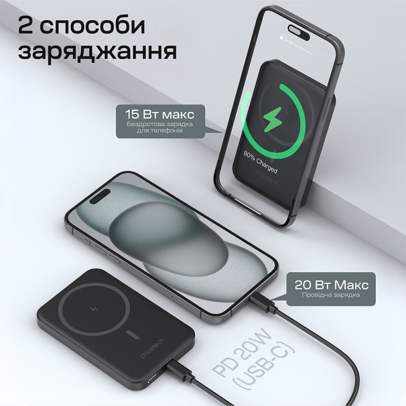 Повербанк 5000mAh Choetech B709 Black PD3.0 бездротова магнітна зарядка