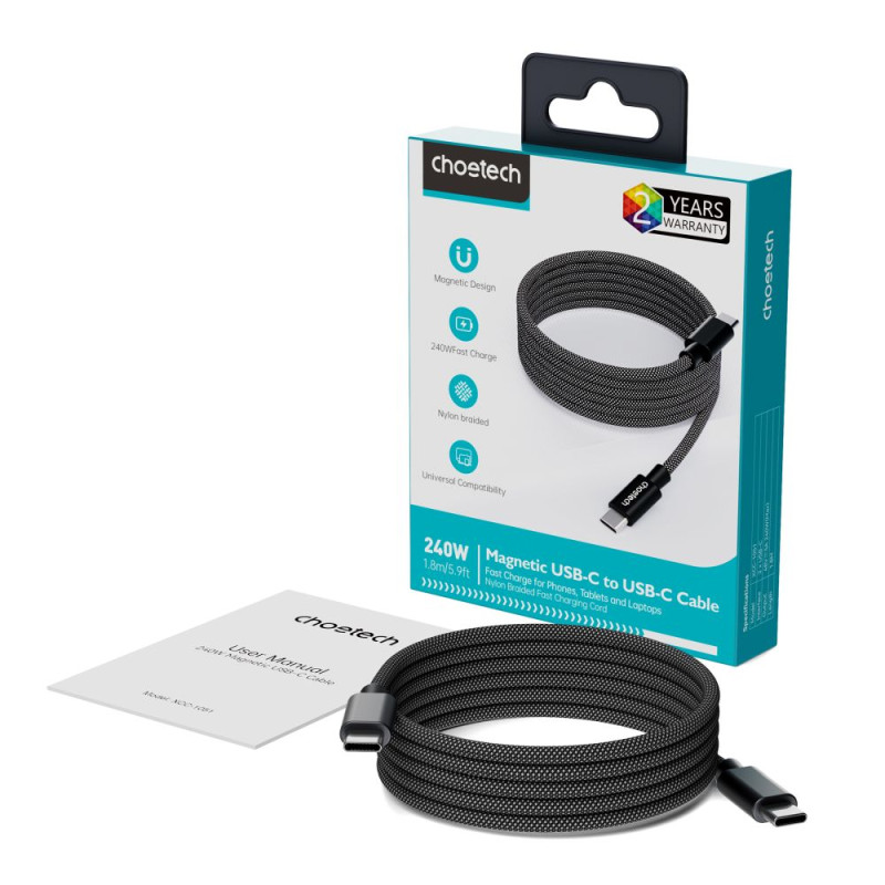 Кабель Choetech XCC-1052 Black USB-C to USB-C Magnetic PD3.1 240W 1.2m