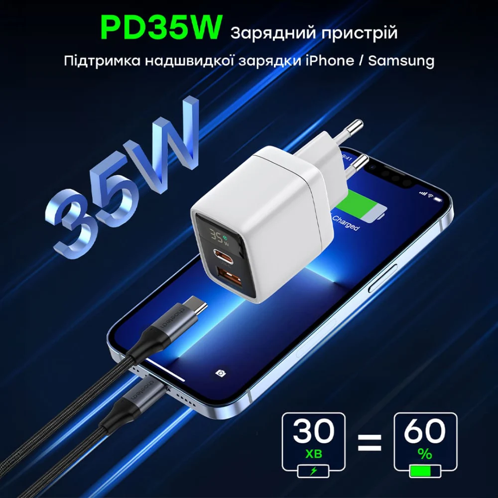 Choetech PD6052 Black PD35W GAN A+C Адаптер