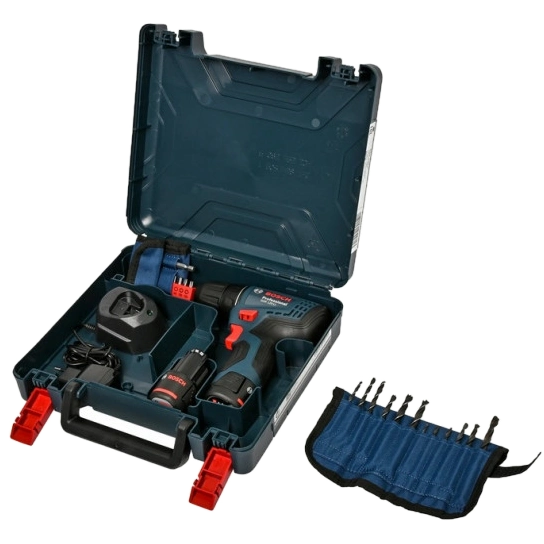 Bosch GSR 120-LI (06019G8002) Акумуляторний шурупокрут + 2 акб 2.0 Ah + ЗУ + набір біт 11 шт. + набір свердл 12 шт.