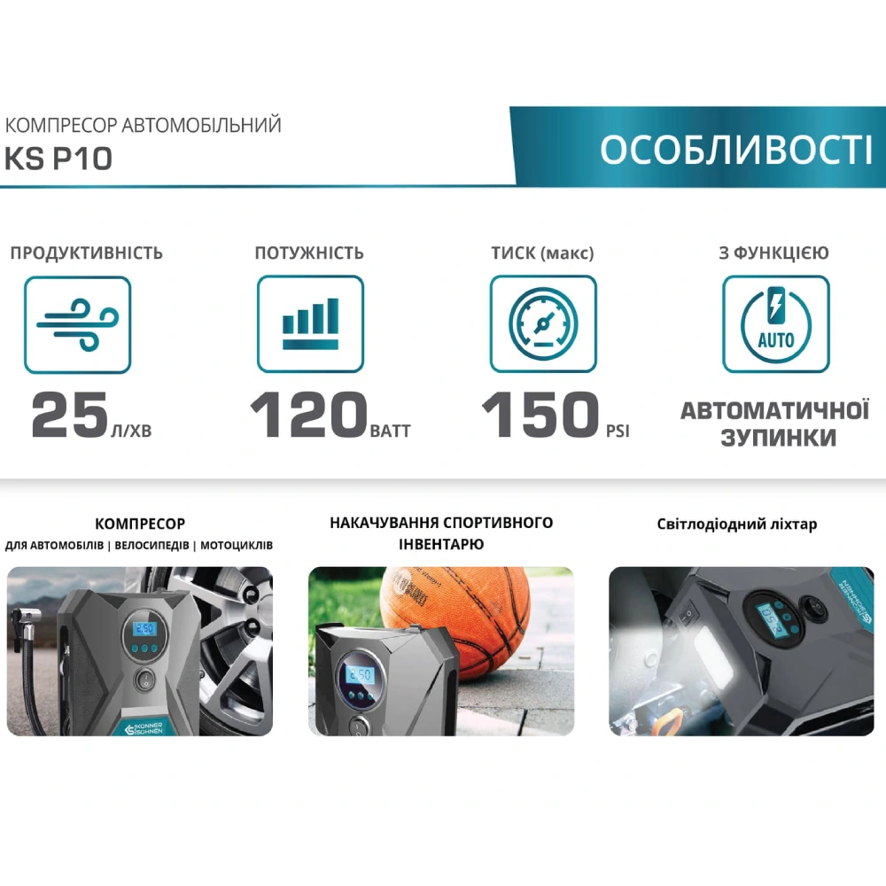 12В, 120Вт, 150psi, 25л/хв, 0.8кг Компресор автомобільний