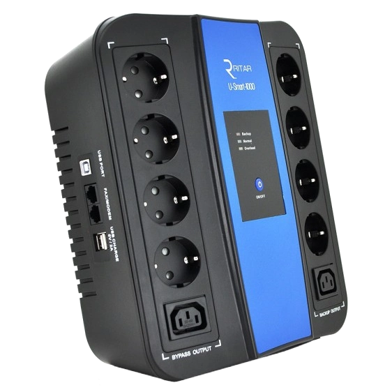 Ritar U-Smart-1000 600 Вт AVR 8xSCHUKO RJ45 Джерело безперебійного живлення